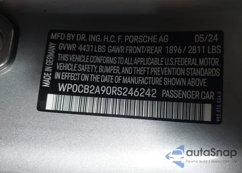 2024 Porsche 911 Carrera 4 Cabriolet/Carrera 4 Gts Cabriolet/Carrera 4S Cabriolet/Carrera Gts Cabriolet z USA, uszkodzony, nr VIN WP0CB2A90RS246242